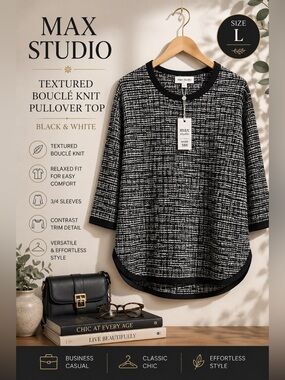 Max Studio Textured Bouclé Knit Pullover Top Black White Size Large